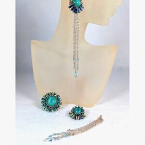 Mid-Century Faux Moonstone & Aurora Borealis Pin Earring Set Y2K Dangles